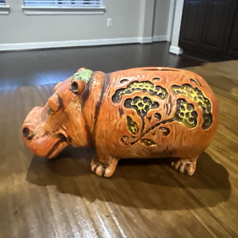 Vintage 70's Kitschy Boho Orange Floral Ceramic Bank Hippopotamus House Hippo